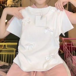 Women's T Shirts Chic Pink Bow Short Sleeve White T-shirt Women Clothing Summer Round Neck Korean Style Sweet Girls Slim Fit Top