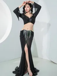 Stage Wear Women Original Belly Dance Costume Mesh Slit Light Luxury Practise Chain Club Party Suit Performance Two Piece