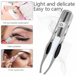 LED Eyebrow Tweezers Oblique Tip Eyebrow Trimming Clip Stainless Steel Eye Hair Removal Clamp False Eyelashes Curler Makeup Tool