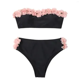 Women's Swimwear Flower Bikini 2 Piece Set Strapless Swimsuit High Waist Sexy Thong Women Solid Colour Push Up