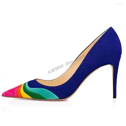 Dress Shoes Rainbow Suede Pointed Toe Stiletto Heel Pumps Women Mixed Color Thin High Shallow Slip On Fashion 2024 Spring Autumn
