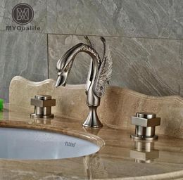 Luxury Double Square Handles Bathroom Faucet Deck Mount Brushed Nickel Swan Wash Basin Mixer Taps3896393