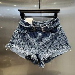 Women's Shorts Sexy Spice Girl High Waist Denim Spring Summer Vintage Blue Fur Edge With Belt Wide Leg Pants