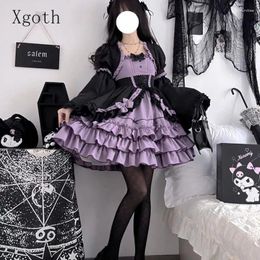 Party Dresses Xgoth Mini Princess Dress Lace Patchwork Long Sleeve Ball Gown Korean Fashion Sweet Ruffles Pure Sexy Female Clothes