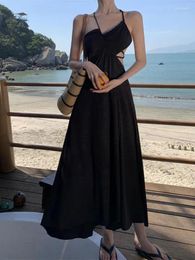 Casual Dresses 2024 Summer Women's Black V-neck Sexy Club Backless Long Dress French Retro Elegant Vacation Party Halter Pleated