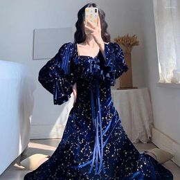 Casual Dresses Elegant Pleuche Women Dress Blue Sexy French Style Long Fall Winter Navy Sequined Shining Flare Sleeve Party Birthday