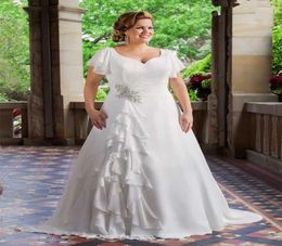 2019 New Plus Size Wedding Dresses Short Sleeve V Neck Beaded Ruffles Chiffon A Line Bridal Gowns Lace up Back Custom Made2085918