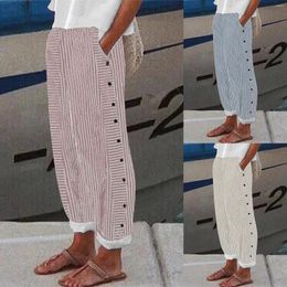 Women's Pants Cotton And Linen Striped Elastic Waistband High Pocket Side Buttons Nine Point Loose Casual