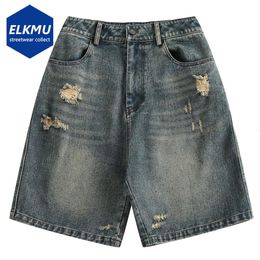 Vintage Blue Denim Shorts Men Summer Loose Casual Jeans Distressed Ripped Man Harajuku Hip Hop Streetwear 240430