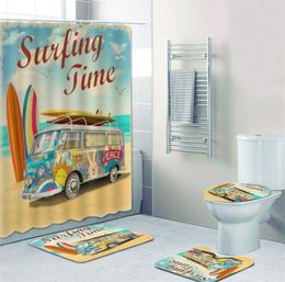 Old Retro Car Camper Van Shower Curtain for Bathroom Classic Surfing Summer Holiday Bath Curtains and Bath Mat Rug Carpet Set 20116195068