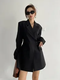 Women's Suits Insozkdg Fashion Women Blazer Notched Collar Loose Single Button Lacing Strap Long Sleeve Black Suit Jacket Spring 2024 Tops