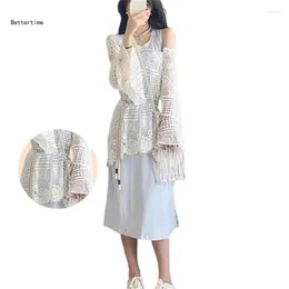 Casual Dresses B36D Women Hollowed Crochet Flared Long Sleeve Tie Front Loose Beach Cover Up Dress