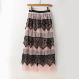 Skirts Pleated Mesh Splicing For Women Plus Size Outfits Lace Edge Cake Skirt High Waist Slim Mid Length Over The Knee