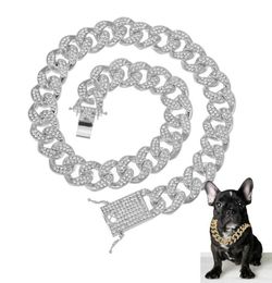 Pendant Necklaces CZ Rhinestone Dog Chain Collar And Leash Super Strong Metal Choke Silver Gold Pet Lead Rope For Party Show5805270