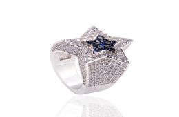 New Fashion Luxury Designer Bling Bule Diamond Pentagram Star Mens Finger Band Ring Hip Hop Rapper Iced Out Jewellery Gifts for Guys4041017