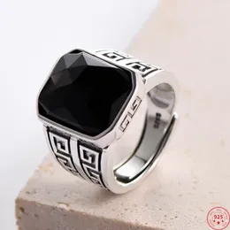 Cluster Rings S925 Sterling Silver For Women Men Fashion Ancient Pattern Inlaid Cutting Surface Agate Jewellery