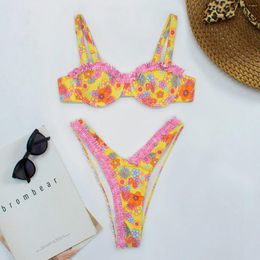 Women's Swimwear Floral Print Bandeau Micro Bikinis 2024 Women Sexy Thong Swimsuit Push Up Female Bathing Suit Swimming Summer Beachwear