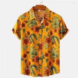 Men's Casual Shirts Hawaiian Sunflower Print For Men Lapel Fashion Short Sleeve Clothing Loose Oversized Tops Summer