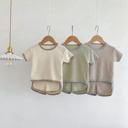 Clothing Sets Toddler Pure Cotton Set Summer Boys Girls Breathable Round-Neck Short Sleeved Baby Waffle Top Shorts Homewear Suit