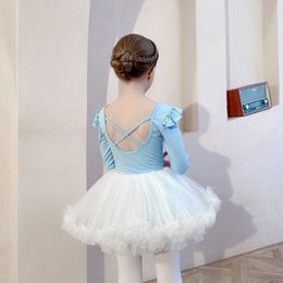 Girls Ballet Jumpsuit Set Childrens Dancewear Suit Summer Kids Long-Sleeved Bodysuit Puffy Skirt Two-Piece 4-12 Years Old 240417