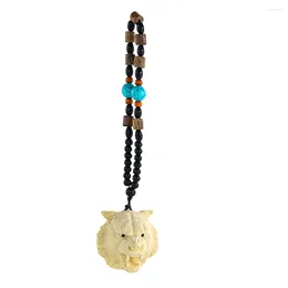 Decorative Figurines Laser Carve Chinese Zodiac Tiger Head Animal Boxwood Pendant Turquoise Spacer Beads Rosary Charms Dangle Necklace