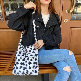 Bag Fashion Plush Cow Milk Pattern Messenger Women Winter Big Capacity Shoulder Crossbody Handbag