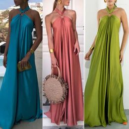 Casual Dresses Women Solid Colour Off Shoulder Backless Long Dress Neck Straps A-Line Beach Large Hem Feminine Clothing