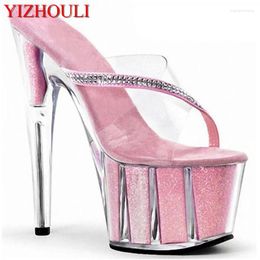 Dance Shoes Crystal Bottom Cold Slippers Water Diamond Decorative Transparent Women's 15cm High Heels Pink Performance
