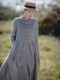 Casual Dresses 2024 Spring Autumn Cotton Solid Color Vintage For Women Long Fashion Elegant Dress Office Lady Work Clothing