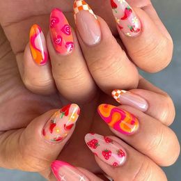 24Pcs Almond False Nails With Tools Cute Heart Strawberry Chilli Design French Checkerboard ABS Press On Fake Tips Wearable 240430