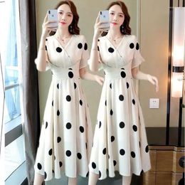 Party Dresses Women's Clothing Dot Pattern Knee Skirts Printing Fashion Ruffles Skinny V-neck Korean Elegant Summer Thin Casual P4