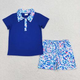 Clothing Sets Short Sleeve S Blue Floral Boys Outfit RTS Kids Baby Clothes Boutique Wholesale In Stock Kid