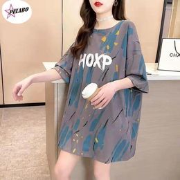 Women's T Shirts PULABO Summer Commuter Mid-to-long Women Shirt Doodle Harajuku Letter Hoxp O-neck Short Sleeve Loose Lady Tees Tops Female