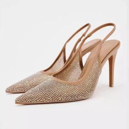 Summer Women High Heeled Sandals Pointed Back Strap Bright Diamond Slingback Stilettos Lady Party Bride Shoes 240429