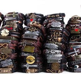 Whole Leather Bracelet Charm Party Gifts Punk Biker Jesus Skull Vintage Bangle Wristbands Mens Womens Surfer Cuff Wristband lo2541233