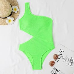 Women's Swimwear 2024 Sexy Neon Ribbed One Piece Swimsuit Women Female Shoulder Bathing Suit Summer Beach Wear Monokini Bathers