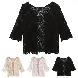 Women's Knits Hollowed Out Lace Crew Neck Seven Point Versatile Cardigan Lightweight For Women Long Cute Sweaters