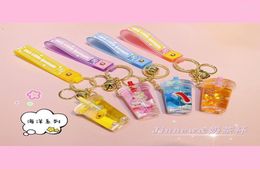 Keychains Fashion Quicksand Ocean Series Milk Tea Cup Keychain Liquid Floating Peal Car Bag Pendant Key Ring Jewellery For Women Gir2681782