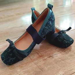 Casual Shoes Retro Square Toe Chunky Heel Mary Janes Lace Jacquard Bow Design Shallow Elastic Strap Women Sandalias Mujer