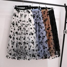 Skirts TingYiLi Floral Velvet Flock Print Tulle Skirt Elastic High Waist Women Long Maxi A-line Black White Blue Summer