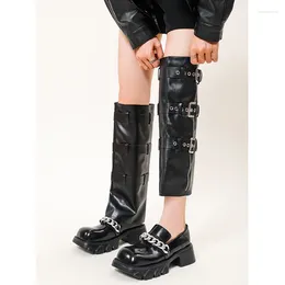 Boots Punk Style Chains Buckle Zip Detachable Top Knee Square Toe Platform Sole Motorcycle Woman Two Wear Ways Shoes