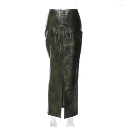 Skirts Sexy Green PU Faux Leather Bandage Long For Women 2024 Spring Fashion Y2K Low Waist Split Bodycon Maxi Skirt Female