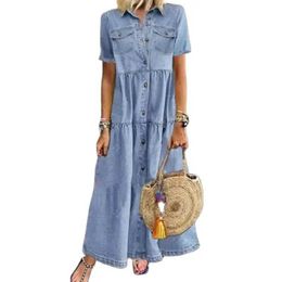 Basic Casual Dresses Summer Casual Denim Style Women Long Dresses Lapel Short Slve Splice Double Pockets Dress Female Single-breasted Cardigan Gown Y240429