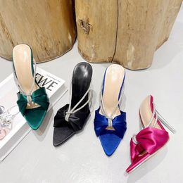 Slippers Summer Women's High Heels Rhinestone Bow Pointed Toe Crystal Heel Super Sandals And Mules