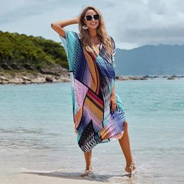 Summer Chiffon Printing Bikini Cover Up Sexy Split Boho Beach Kaftan Tunic Plus Size Maxi Dress Swim Wear
