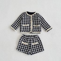 Clothing Sets Girl Set 2024 Spring Baby Tweed Plaid Girl's Two Piece Suit Jacket Short Pants Sweet