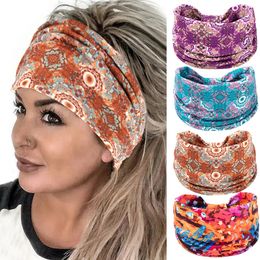 Wide Flower Print Headbands Women Turban Knotted Elastic Non Slip Hairbands Workout Head Wraps Bohemian Yoga Bandana Head Scarf 240416