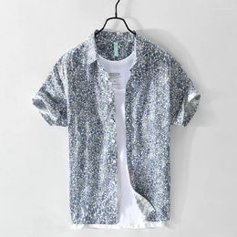 Men's Casual Shirts Vintage 70% Linen 30% Cotton Floral Printed Shirt For Men Summer Short Sleeve Beach Holidays Blouses 24SS Y2k Youth Male