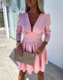 Casual Dresses Women Dress Elegant Formal Fashion Puff Long Sleeve Plunge Tied Detail High Waist Ruched Layered Ruffled A-line Mini