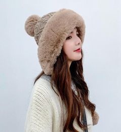 Outdoor Earflap Wool Knitted Snow Ski Cap Fleece Bomber Trapper Hat Women Faux Fur Pompom Winter Beanie Hat Bonnet Femme Cap5472008